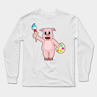 Pig at Painting with Brush & Colour Long Sleeve T-Shirt